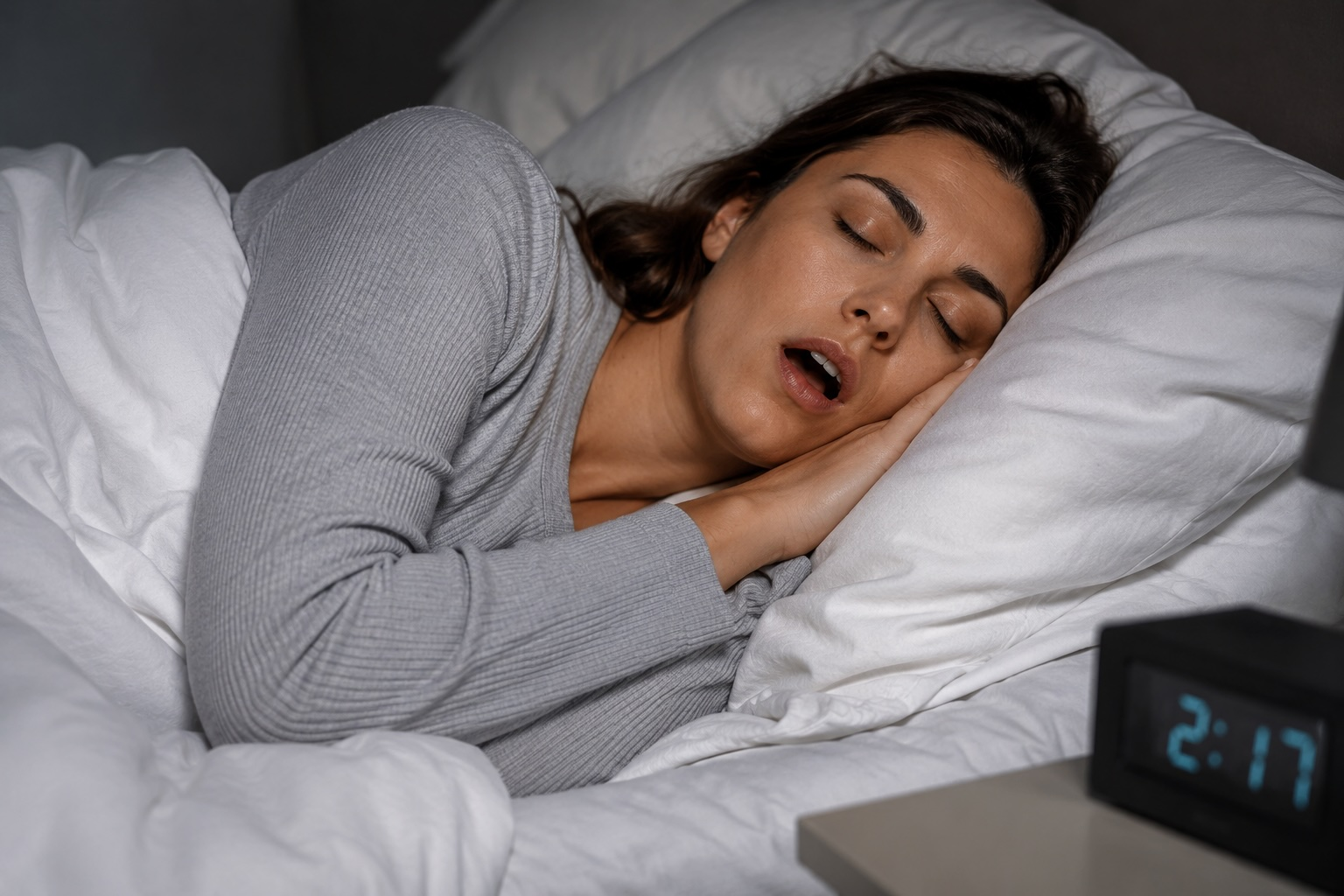 Adult woman sleeping with an open mouth, illustrating the connection between tongue tie, mouth breathing, and poor sleep.